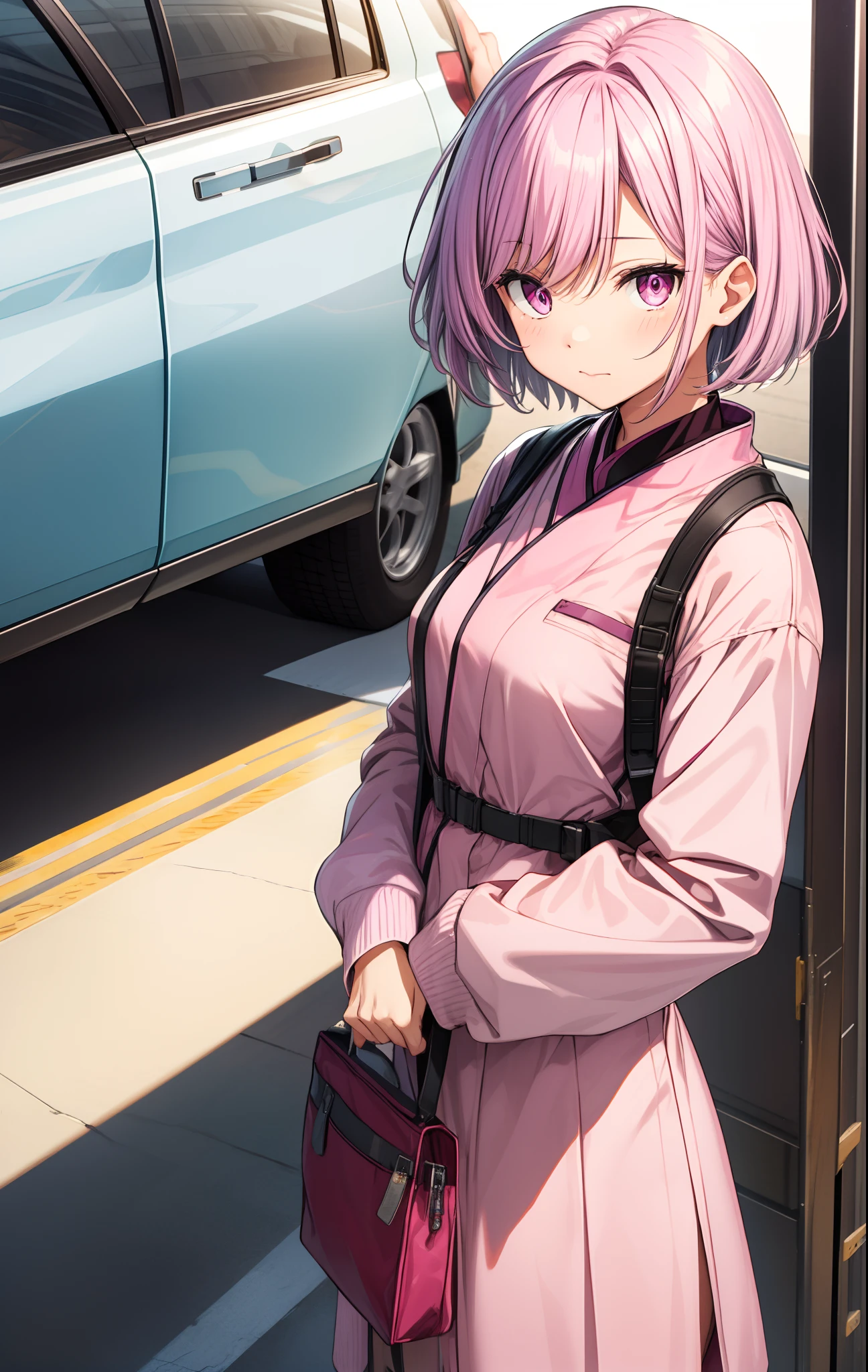 shinjou akane, light purple hair, (pink eyes:1.2), short hair,