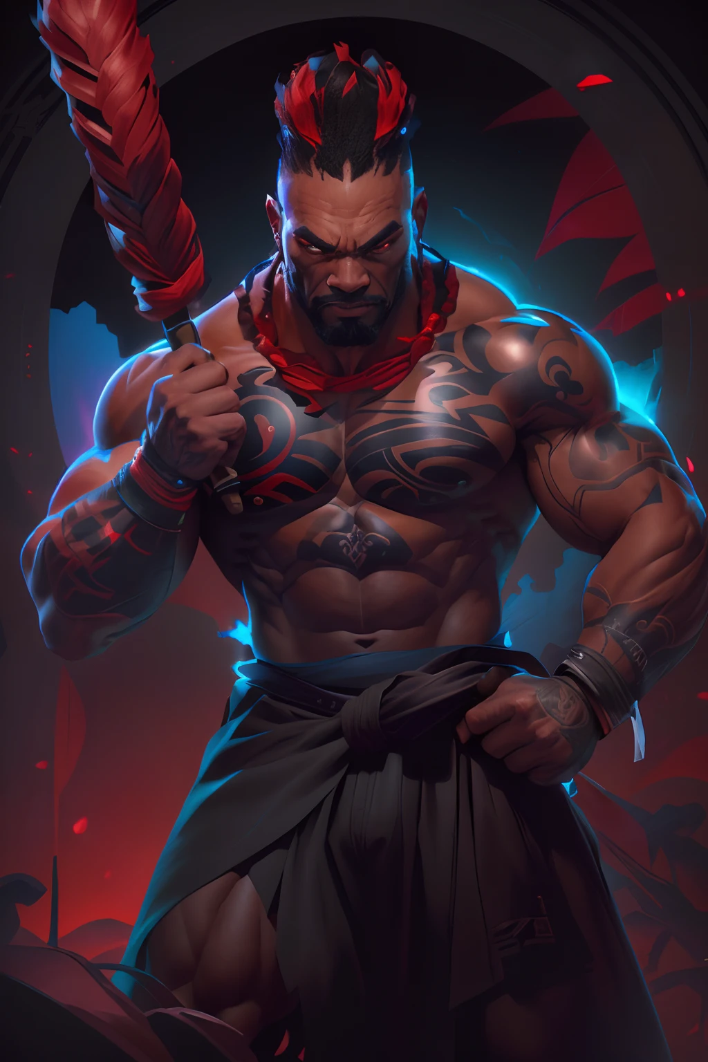 there is a man with a large tattoo on his chest holding a stick, muscular character, fighting game character, symmetry!! portrait of akuma, iconic character splash art, 3 d render character art 8 k, official character art, wakanda, character art the contra, muscular characters, high detail iconic character, character splash art, ultra detailed game art