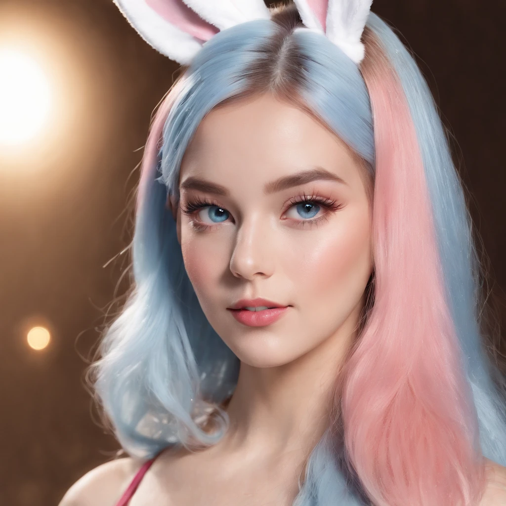 (Best Quality:1.3),4K,8K,8K Portrait,16 K,(masutepiece:1.2),1girl in,Solo,(maximalism:1.5),opal,ultra-detailliert,absurderes,(very detailed beautiful face and eyes:1.3), (Highly detailed beautiful hair:1.3),delicate composition, (Full body:1.5),(full-length figure:1.5), Super cute girl,(Medium Hair:1.4),Pink eyes,light blue eyes,(Pink hair:1.2),(Light blue hair:1.4),(Playboy Bunny:1.6),(Jewelry Hair Ornaments:1.3), (jewelry eyes:1.3),(Eyelashes:1.2),(symbol in eyes:1.3),(hight resolution, Twinkle,Glitter,Lens Flare,light Particle,Shining:1.3),(Cute:1.5)