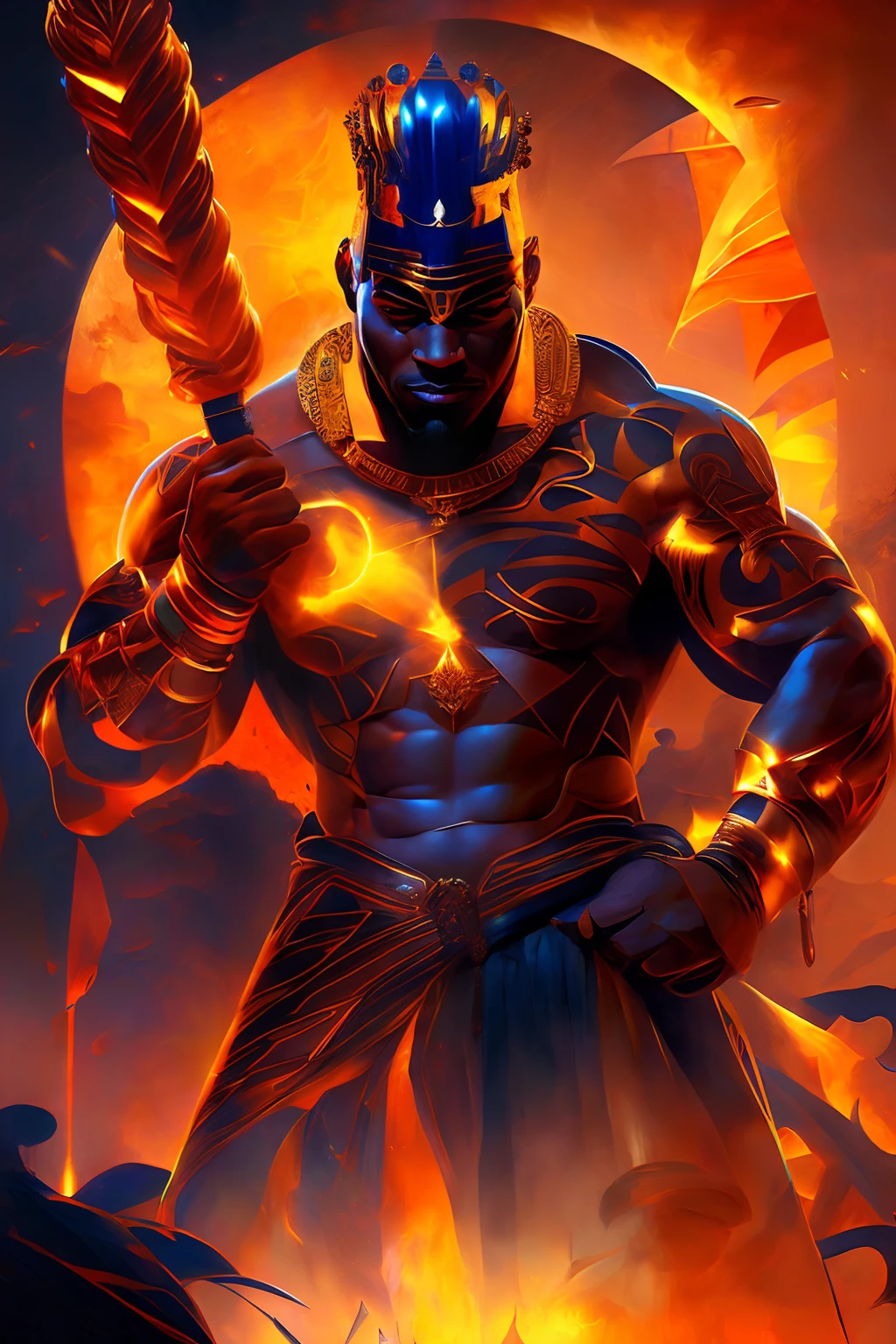 Highly (dynamic:1.2) scene art detailed (rutkowski:1.2) pharaoh ((crown of ramses)), handsome, (dark skin:1.5), ((bald head)) ((muscular)), (fantastic amazing decoration:1.2), abstract beauty, explosive volumetric, Delightful anatomy, (fantastic god perfect art, 64k ultra hd:1.1), (art by apterus, art by dan mumford:1.2)