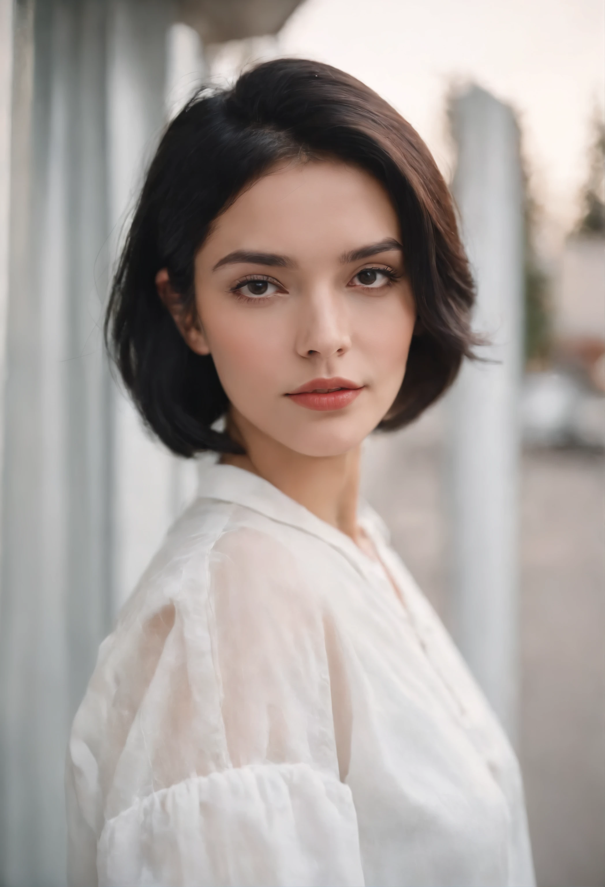 a young woman with Short black hair standing outside, in the style of cool,White blouse, baggy denim pants, zeiss planar t* 80mm f/2.8, kodak portra, uhd image, sovietwave, distinct facial features,