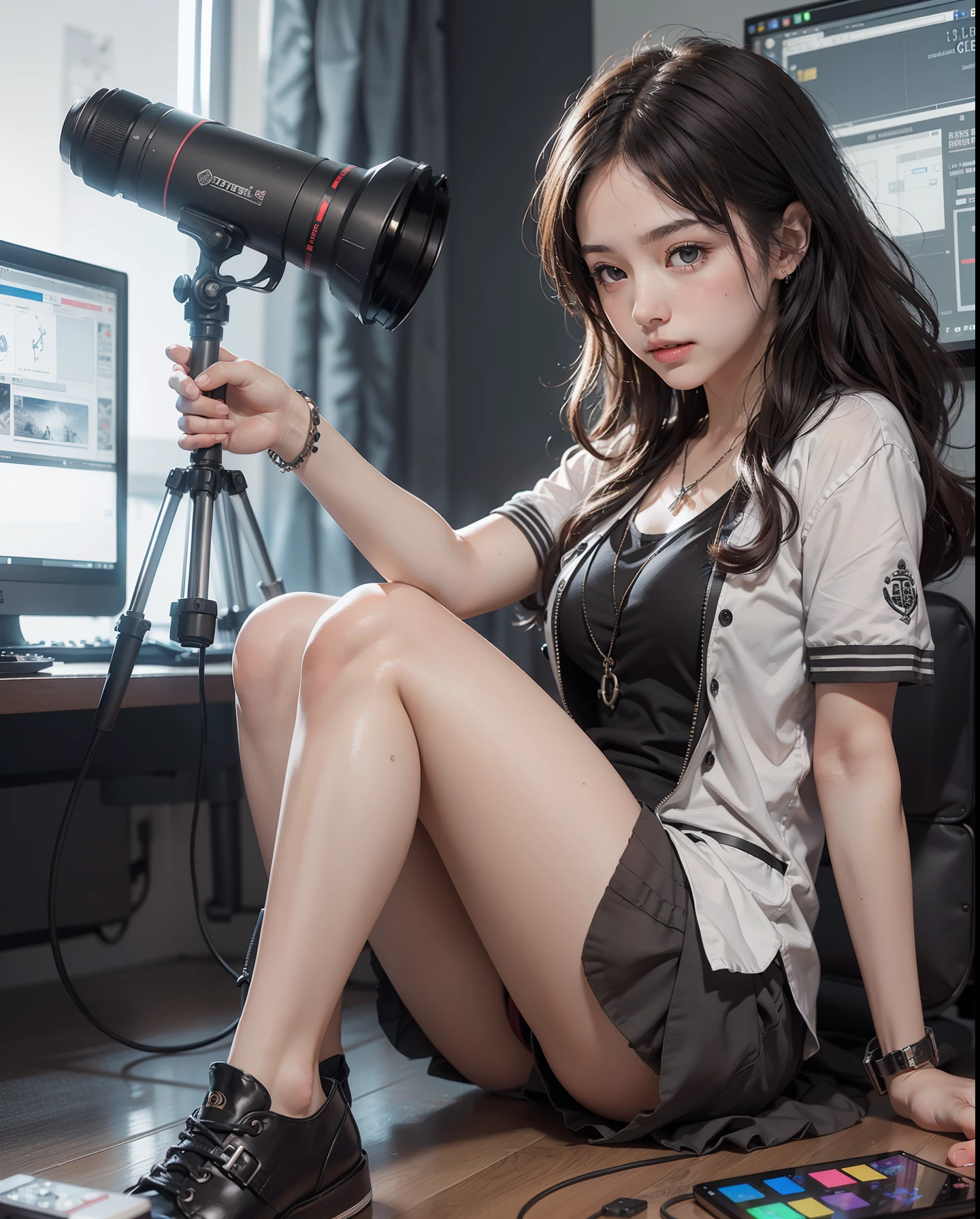 masutepiece, Best Quality,(masutepiece) , (Best Quality) , (reality: 1.3) , Photorealistic, Octane Rendering, (Surreal: 1.2) , Perfect features,
Modern Daily, (High  Girl Anchor Blush Live 1.5) , (Hands between legs 1.5) , Slight shaking, Recording, camera, Live broadcasting equipment, (Electronics 1.2),(Live Electronics Broadcast Room 1.5),(maturefemale), 
Original, highly detailed wallpaper, very detailed illustration, (1 girl) ,(The best lighting) , (super complex details) , 4K unified, (super-detailed CG: 1.2) , (8K: 1.2)，