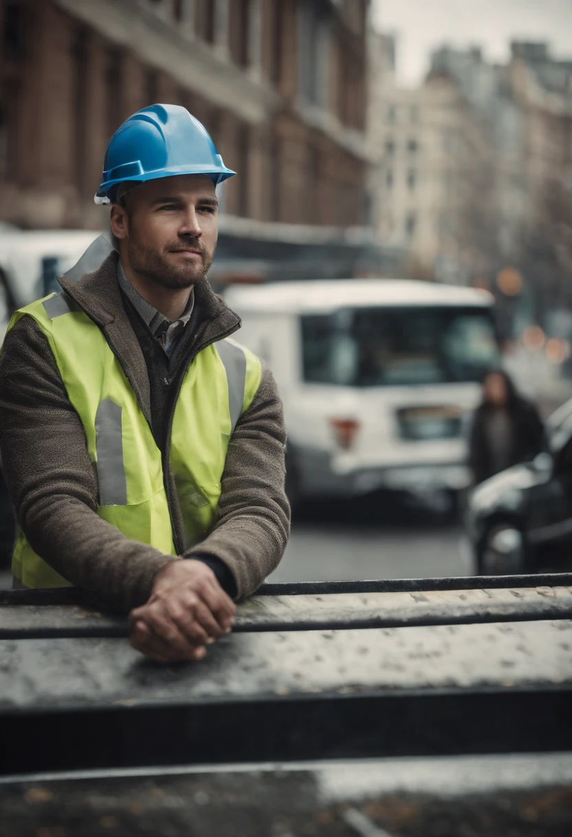 masterpiece, professional photo of a KimberlyNobodySD15 (1) handsome construction worker, large testicles, erect penis, bokeh, smile, short hair, in city center , from below, helmet, nude