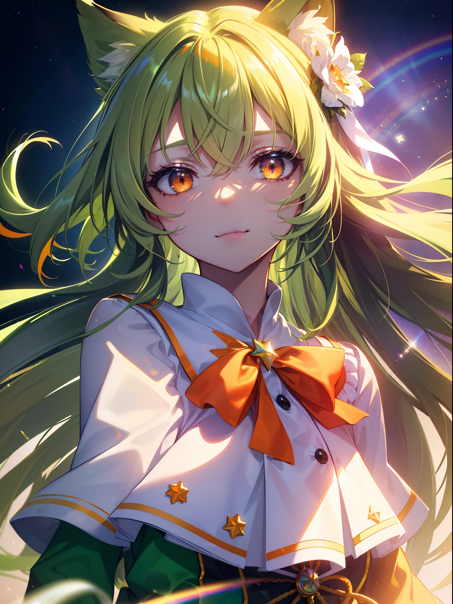 (Cat's ears:1.3),(Bright green straight hair with details:1.7),Straight-haired hair,(Face Focus:1.3) (Rainbow Background:1.3),(Melancholy and gentle smile:1.3) ,(tiny chest:1.0),(Lip close-up:1.3),(Half closed eyes:1.3), (Green Witch Gothic Dress:1.2), (Wearing a white school uniform:1.3), (Complex iridescent ribbons:1.3), (Mini skirt with red ruffles:1.3),A deep blue sky and a vortex of light enveloped her, Canon 5D, 85 mm, depth of fields, 8K, ultra sharpness, nffsw, octane, Unreal, Dramatic light, Global Illumination,Motion Picture Film,rainbow,lensflare,(Orange Eyes:1.3),extremely detailed eye,(Star Rainbow Art:1.3),(Fantasia:1.3),(Agfacolor:1.3),(close portrait:1.3),(Feminine:1.4),(Beautiful:1.4),(Attractive:1.3),Move an angle,perfectly detailed eyes,Themed Background,Knight's Fleuré