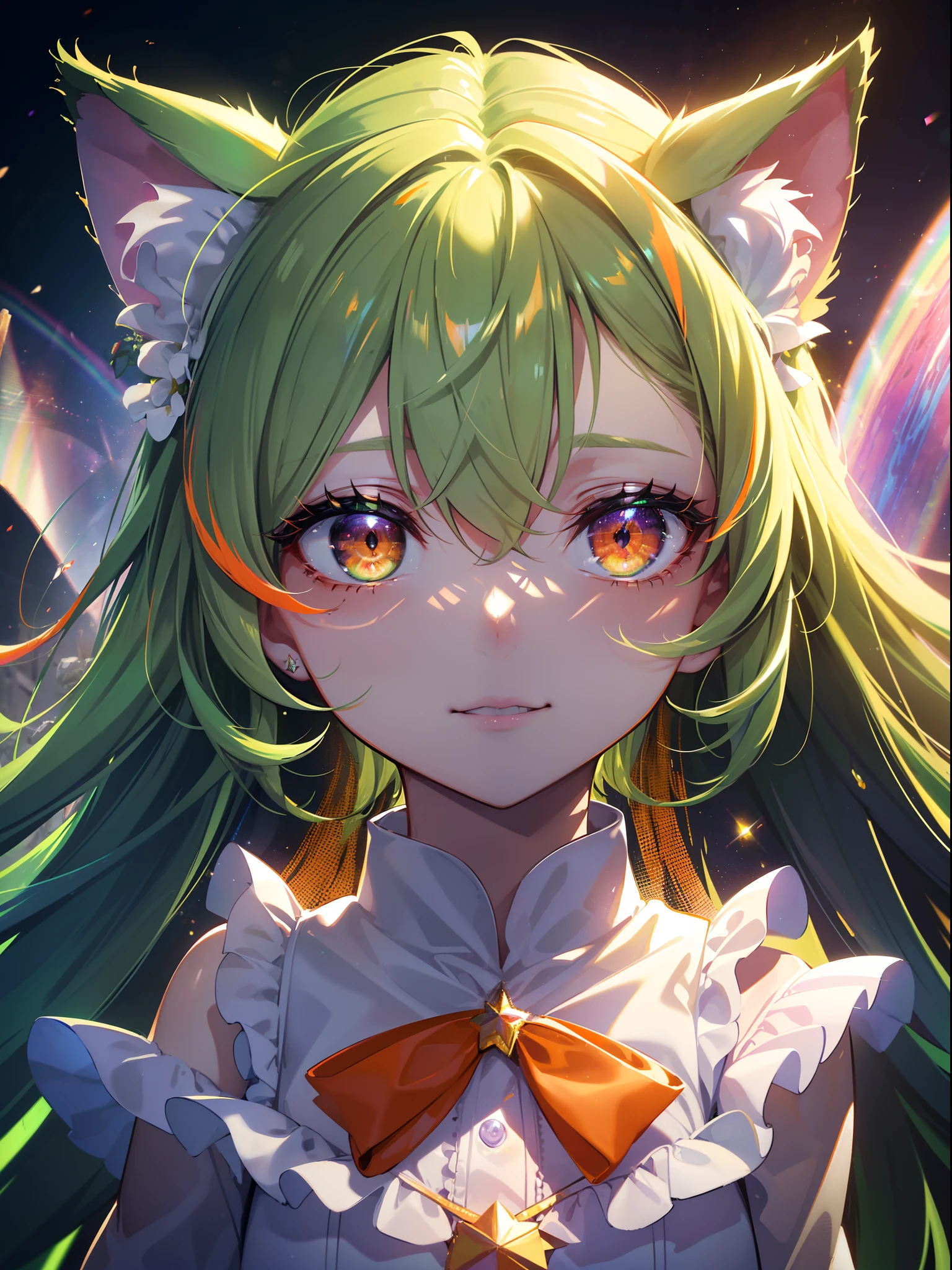 (Cat's ears:1.3),(Bright green straight hair with details:1.7),Straight-haired hair,(Face Focus:1.3) (Rainbow Background:1.3),(Melancholy and gentle smile:1.3) ,(tiny chest:1.0),(Lip close-up:1.3),(Half closed eyes:1.3), (Green Witch Gothic Dress:1.2), (Wearing a white school uniform:1.3), (Complex iridescent ribbons:1.3), (Mini skirt with red ruffles:1.3),A deep blue sky and a vortex of light enveloped her, Canon 5D, 85 mm, depth of fields, 8K, ultra sharpness, nffsw, octane, Unreal, Dramatic light, Global Illumination,Motion Picture Film,rainbow,lensflare,(Orange Eyes:1.3),extremely detailed eye,(Star Rainbow Art:1.3),(Fantasia:1.3),(Agfacolor:1.3),(close portrait:1.3),(Feminine:1.4),(Beautiful:1.4),(Attractive:1.3),Move an angle,perfectly detailed eyes,Themed Background,Knight's Fleuré