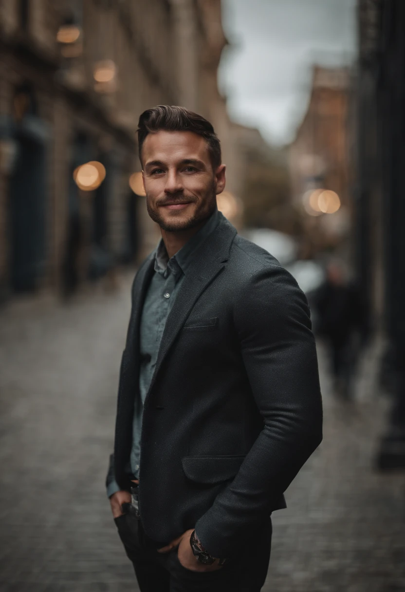 masterpiece, professional  photo  of a  handsome man mode, large testicles, penis, fitness model, bokeh, smile, short hair, in city center