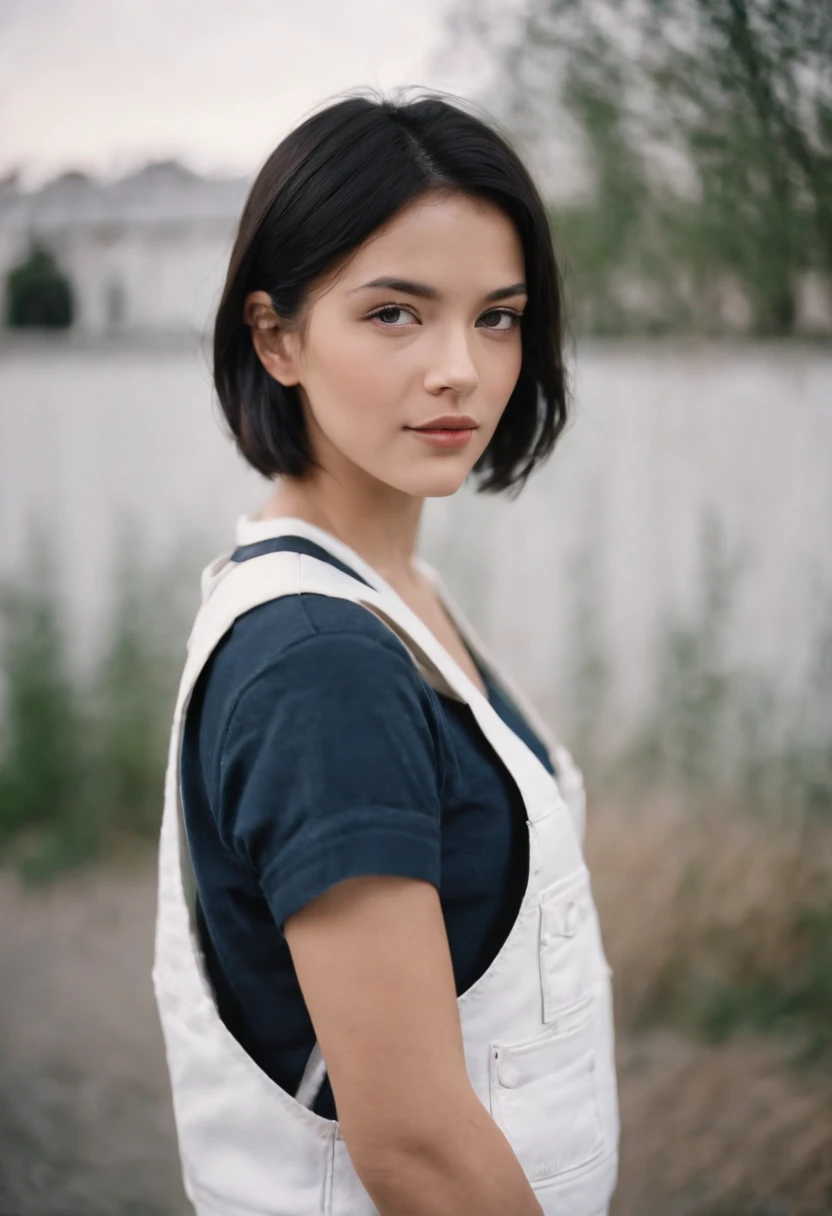 a young woman with Short black hair standing outside, in the style of cool,White sports vest, baggy denim pants, zeiss planar t* 80mm f/2.8, kodak portra, uhd image, sovietwave, distinct facial features,