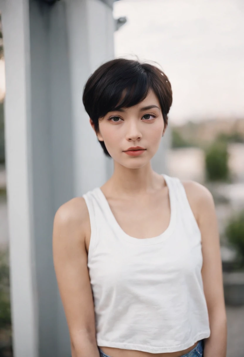 a young woman with Short black hair standing outside, in the style of cool,White sports vest, baggy denim pants, zeiss planar t* 80mm f/2.8, kodak portra, uhd image, sovietwave, distinct facial features,