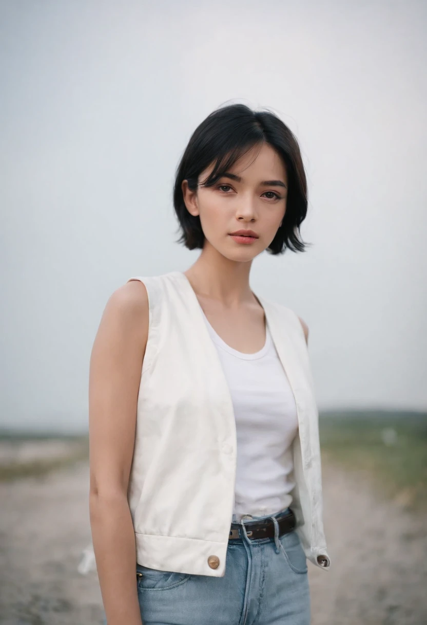 a young woman with Short black hair standing outside, in the style of cool,White sports vest, baggy denim pants, zeiss planar t* 80mm f/2.8, kodak portra, uhd image, sovietwave, distinct facial features,