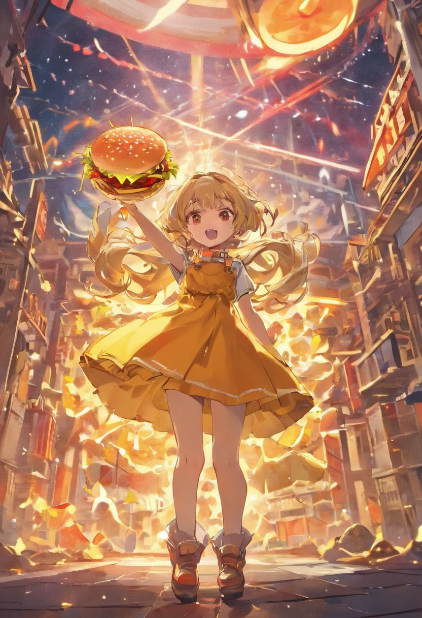 ((best qualityer)), ((tmasterpiece)), (highly  detailed:1.3) Wind and the Universe,A young girl holds a burger in both hands,Hamburg has the word Chinese in it