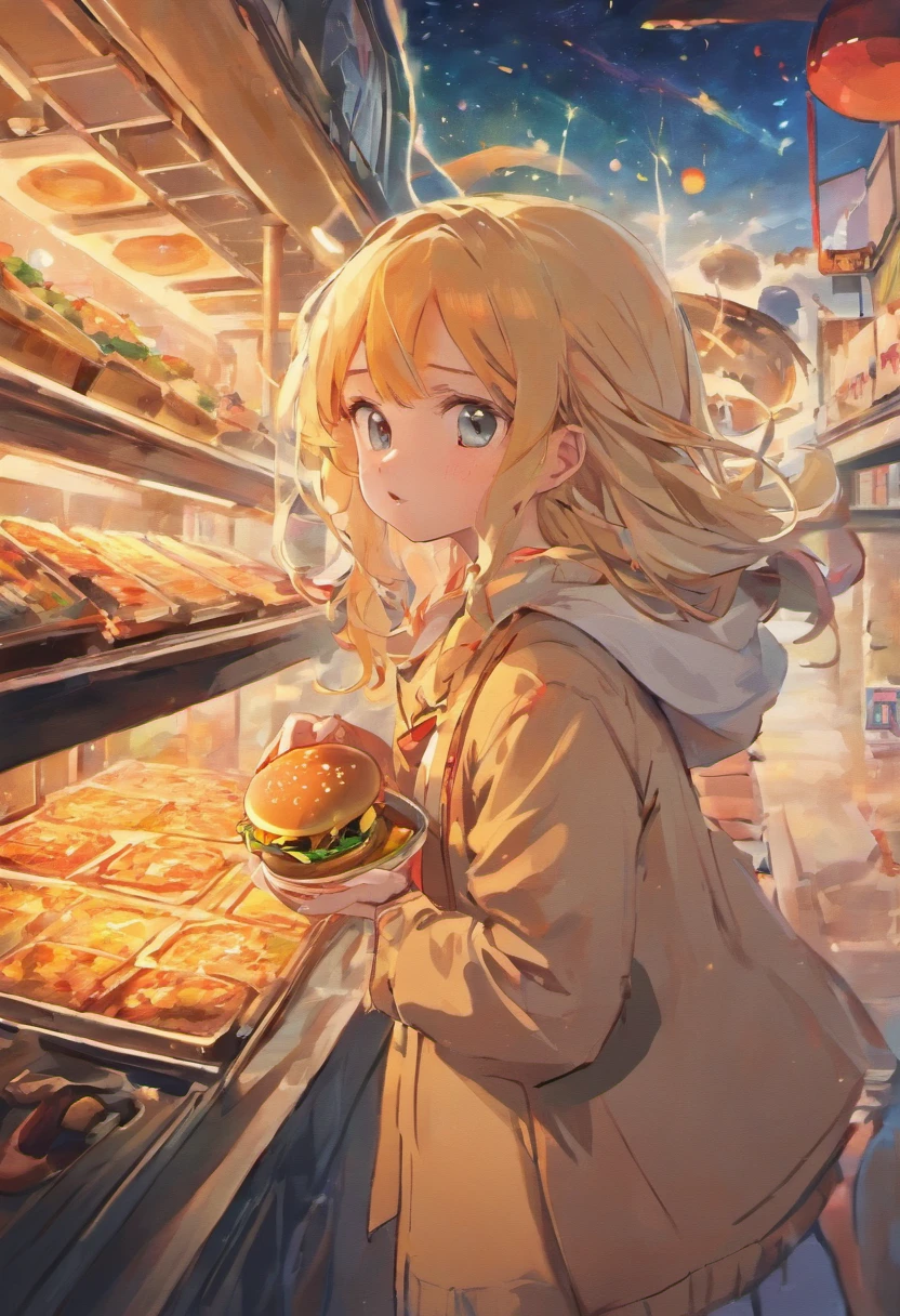 ((best qualityer)), ((tmasterpiece)), (highly detailed:1.3) Wind and the Universe,A young girl holds a burger in both hands,Hamburg has the word Chinese in it