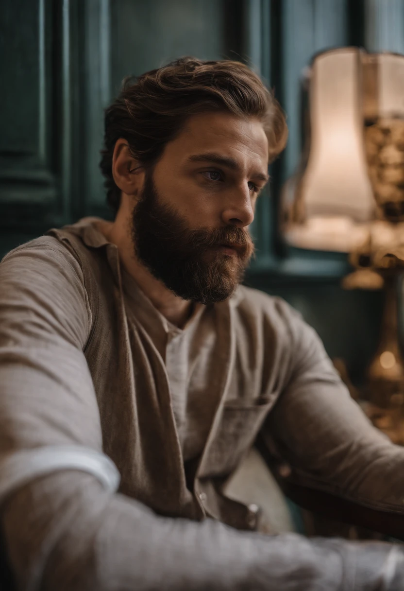 portrait of a 33 year old british man with long chesnut hair and a detailed beard, green eyes, (bags under eyes, and a tired, old look on his face), detailed eyes, detailed iris, expressive face, expressive eyes, (realistic face, perfect eyes, perfect face:1.1), 16K, high quality, photorealistic, realism, art photography, Nikon D850, 16k, sharp focus, masterpiece, breathtaking, atmospheric perspective, diffusion, pore correlation, skin imperfections, DSLR, 80mm Sigma f2, depth of field, intricate natural lighting, film grain,