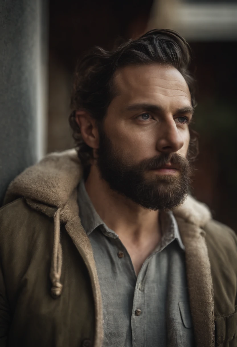 portrait of a 33 year old british man with long chesnut hair and a detailed beard, green eyes, (bags under eyes, and a tired, old look on his face), detailed eyes, detailed iris, expressive face, expressive eyes, (realistic face, perfect eyes, perfect face:1.1), 16K, high quality, photorealistic, realism, art photography, Nikon D850, 16k, sharp focus, masterpiece, breathtaking, atmospheric perspective, diffusion, pore correlation, skin imperfections, DSLR, 80mm Sigma f2, depth of field, intricate natural lighting, film grain,