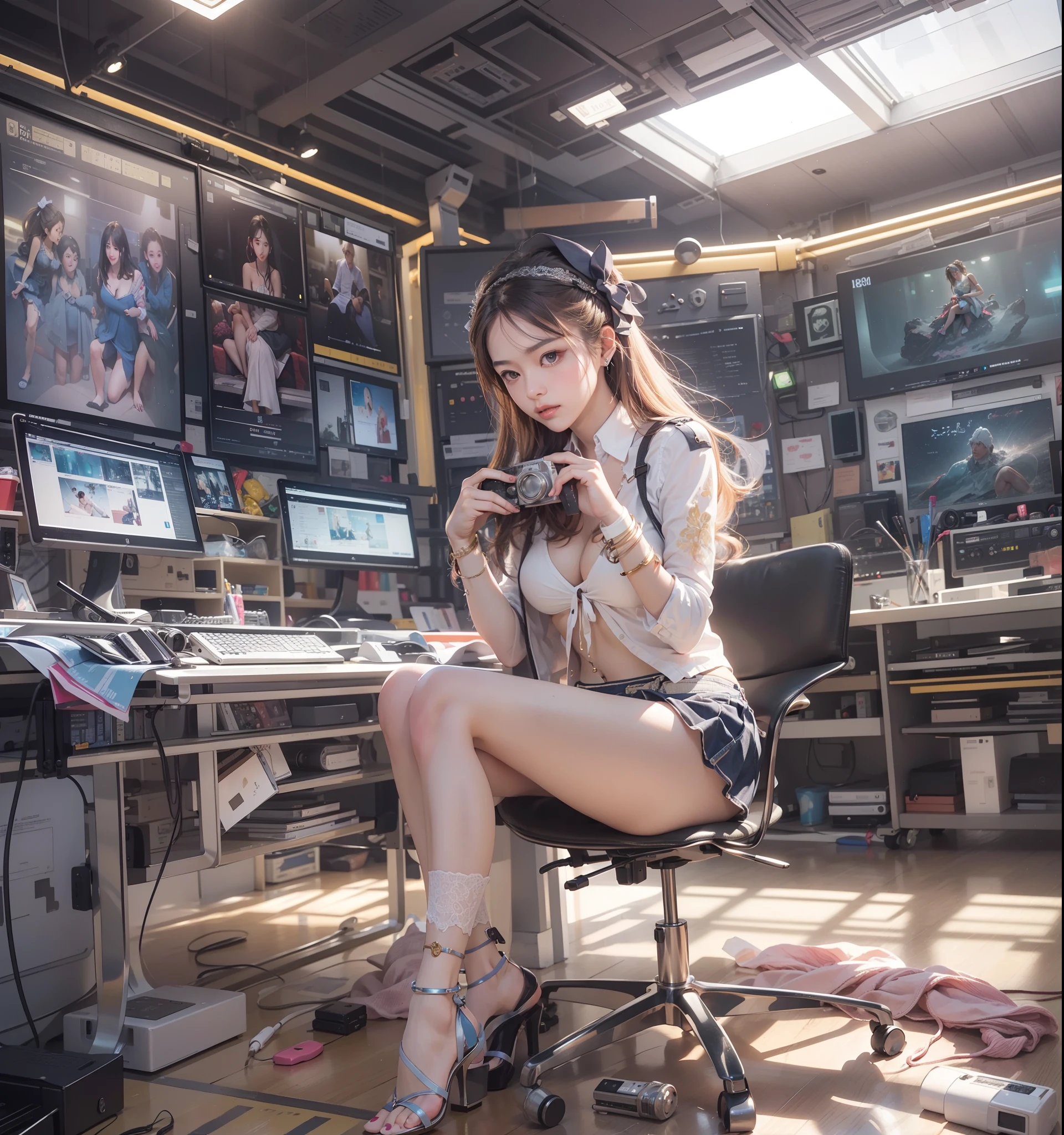 masutepiece, Best Quality,(masutepiece) , (Best Quality) , (reality: 1.3) , Photorealistic, Octane Rendering, (Surreal: 1.2) , Perfect features,
Modern Daily, (High School Girl Anchor Blush Live 1.5) , (Hands between legs 1.5) , Slight shaking, Recording, camera, Live broadcasting equipment, (Electronics 1.2),(Live Electronics Broadcast Room 1.5),(maturefemale), 
Original, highly detailed wallpaper, very detailed illustration, (1 girl) ,(The best lighting) , (super complex details) , 4K unified, (super-detailed CG: 1.2) , (8K: 1.2)，Angle from above the knee、Breasts are small and B size、A slender、Cleavage is visible。legs are thin and beautiful,the skin is white and transparent,high-heels、Gold Anklet、