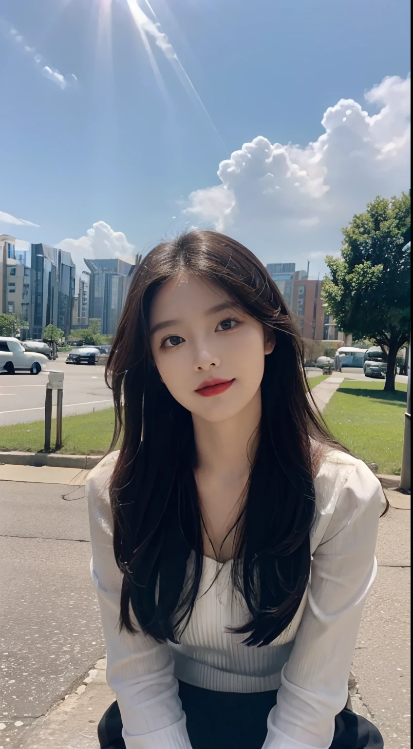 ((best qualtiy, 8K, tmasterpiece:1.3)), A pretty maiden,Pure,Melon seed face,gentle and cute,A sweet smile,Pure desire,Thin stature,(frontage),(Tilt your head),staring right into camera,uniform, Obi, formal,Black silky long, Straight hair,Long hair flowing over the shoulders,round black big eyes,Clear big eyes,Hydrated red lips,Sweet,Sit by the road,with blue sky and white clouds,Blue skies,grassy fields,Buildings,