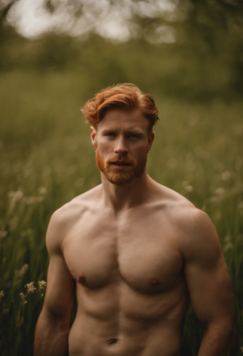 ((medium long shot photo)) of a handsome redhead Irish man, standing naked in a grassy field during the day ((exposing uncut penis)) smiling, well lit