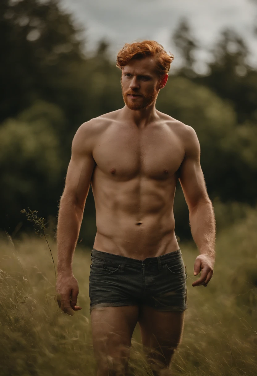 ((medium long shot photo)) of a handsome redhead Irish man, standing naked in a grassy field during the day ((exposing uncut penis)) smiling, well lit