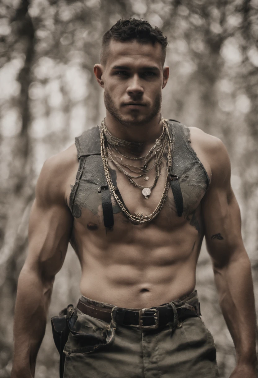 20 year old, cahv, brute, scally, bully, rude, prole, redneck, rascal, muscular, penis, testicles, naked, neck chain, tattoos, dominant, self-confident, view from below, looking at viewer, extremely short hair