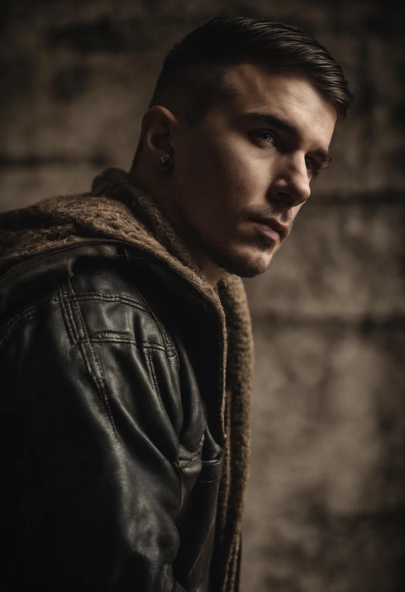 20 year old, cahv, brute, scally, bully, rude, prole, redneck, rascal, muscular, penis, testicles, naked, neck chain, tattoos, dominant, self-confident, view from below, looking at viewer, extremely short hair