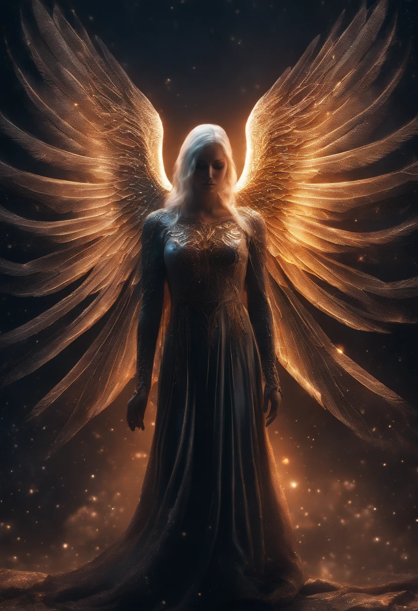 cosmic fallen angel, olhos claros brilhantes, Biomechanicals, estranho, assustador, Pesadelo, cores muito brilhantes, light particles, com luz brilhante, Mshiff, Arte do papel de parede, Papel de parede UHD