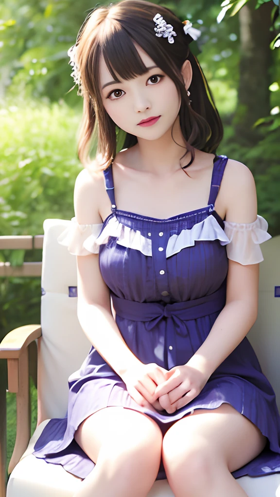 Ruffled Summer Dresses, Sitting on a cushion, arms behind back, From below, japanaese girl, knees up, hair scrunchie, Low contrast, (Smile:0.8), extra detailed face, Best Quality, 超A high resolution, photographrealistic, ultra-detailliert, 8K, Raw photo