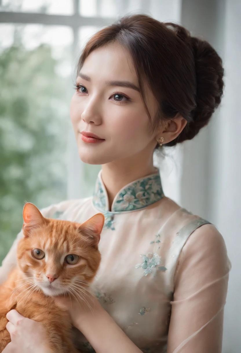 A woman holding an orange cat,Wearing an ink-painted cheongsam,The fullness and enchantment of the mature woman are undoubtedly revealed,A well-maintained beautiful face is firm and fair,With light makeup,The temperament is quiet and elegant,