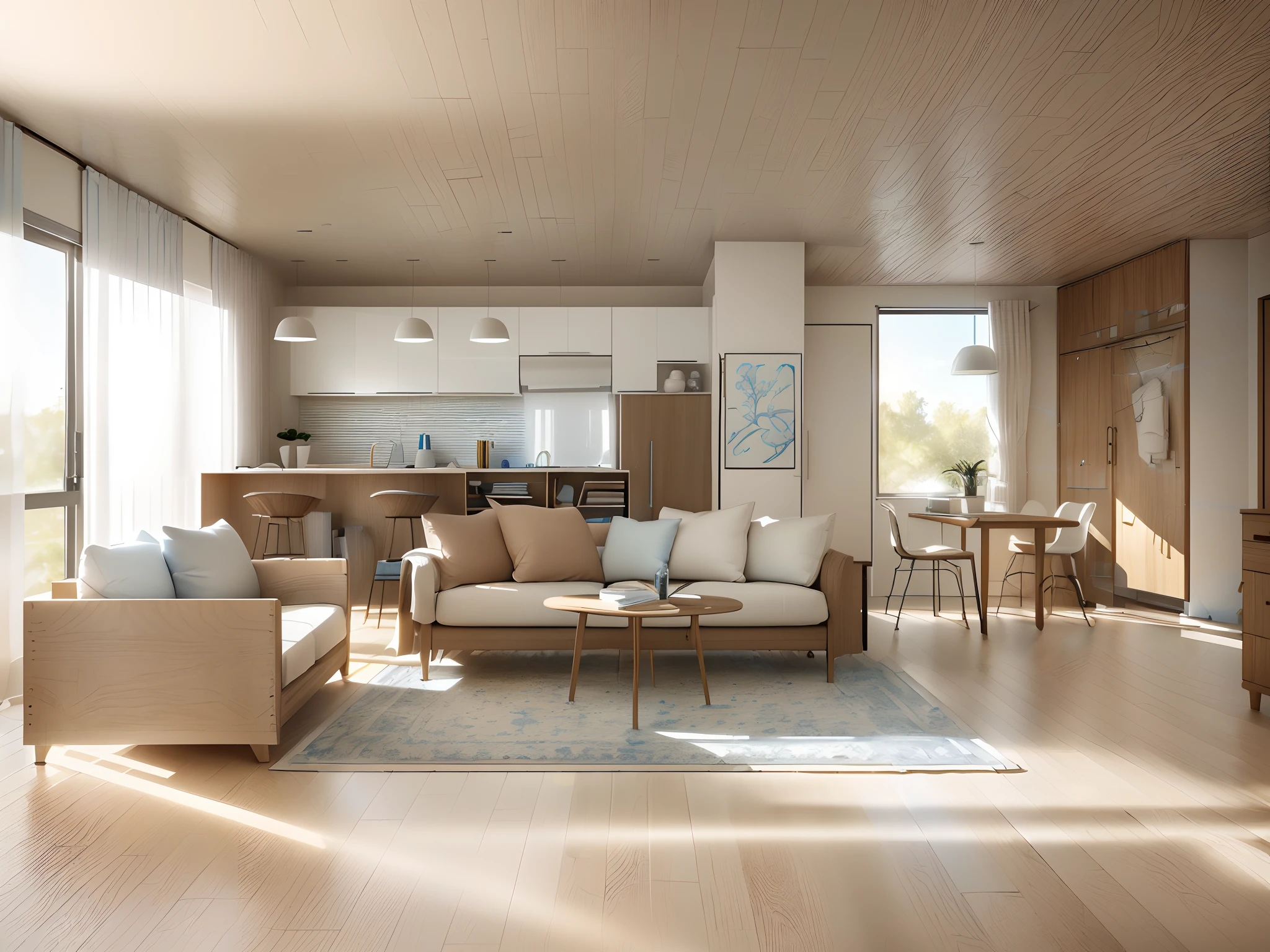 there is a bedroom with a bed, desk, and a wall with a cloud, sky blue and white color scheme, white and blue color scheme, blue and white color scheme, vray beautiful, 3 d vray render, blue and white colour scheme, realistic 3 d style, vray render, blue color theme, blue themed, blue color scheme