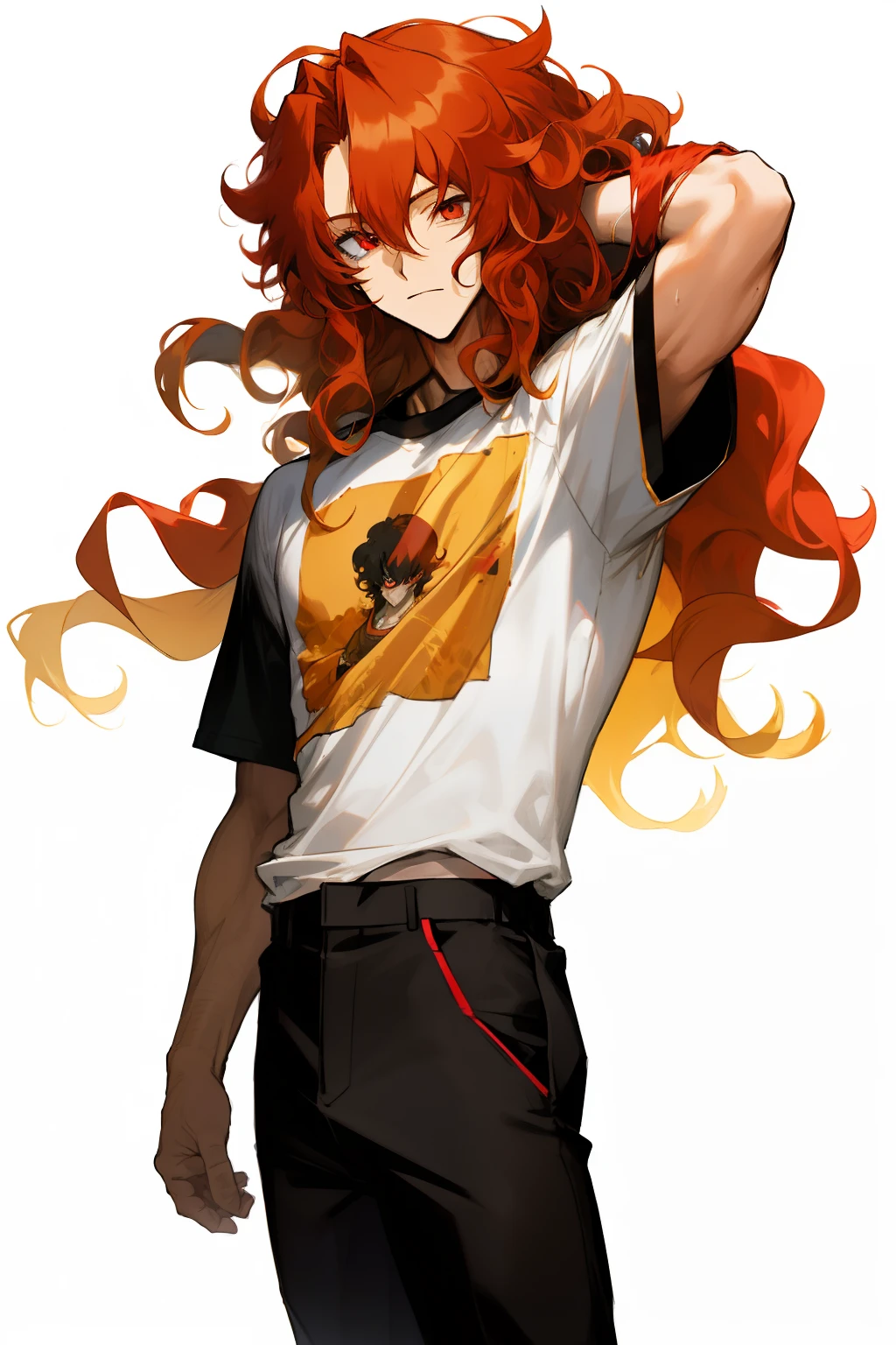 anime, boy, gold hair, medium hair, red eyes, stylish tshirt, black pants, straight royalty hair,curly hair