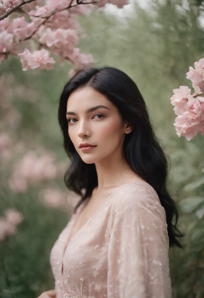 a young woman with black hair standing outside, in the style of poetic naturalism, zeiss planar t* 80mm f/2.8, kodak portra, uhd image, sovietwave, distinct facial features, flower and pink