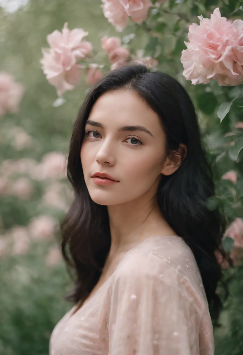 a young woman with black hair standing outside, in the style of poetic naturalism, zeiss planar t* 80mm f/2.8, kodak portra, uhd image, sovietwave, distinct facial features, flower and pink