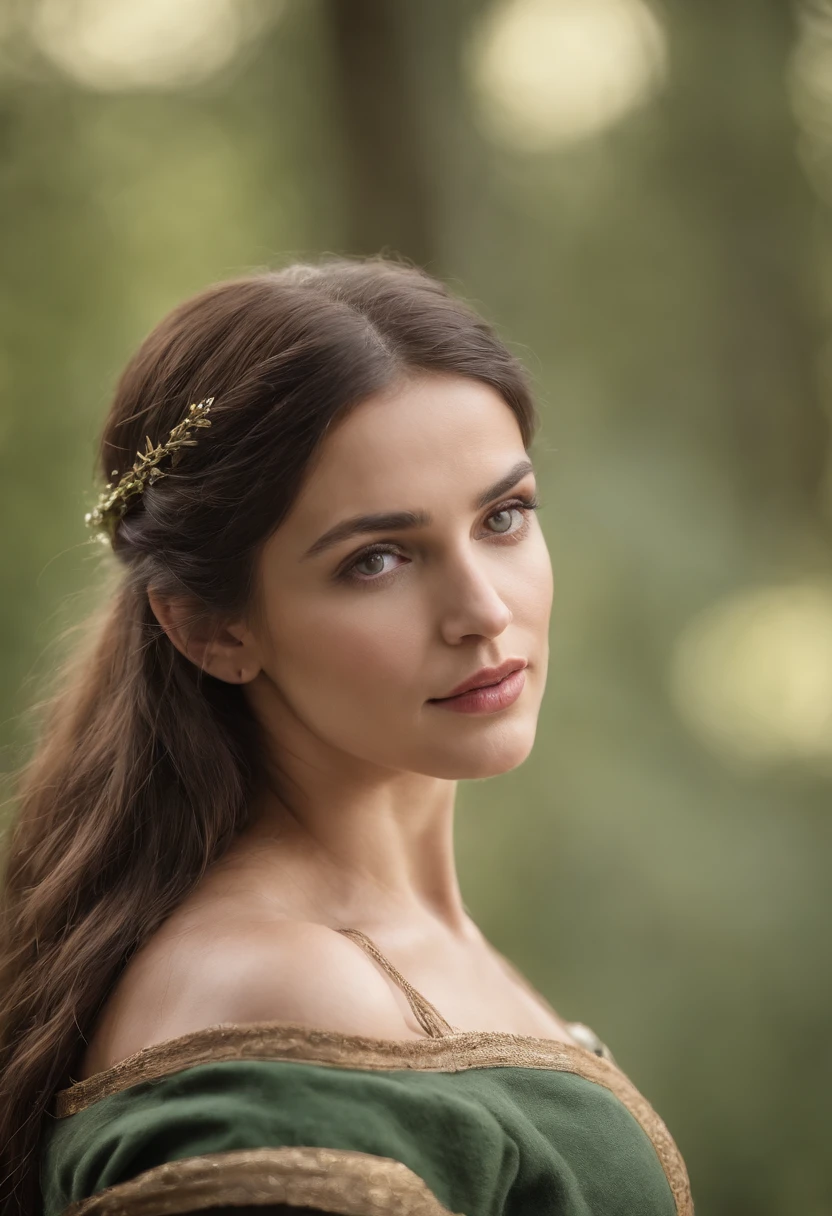 tez justa, mulher elfa em torno de 30 anos, corpo inteiro, cabelos pretos, olhos verdes distintos, vestindo armadura, Beautiful, luz de velas em um ambiente medieval, Ultra sharp focus, tiro realista, roupas femininas medievais, cores tetradicas