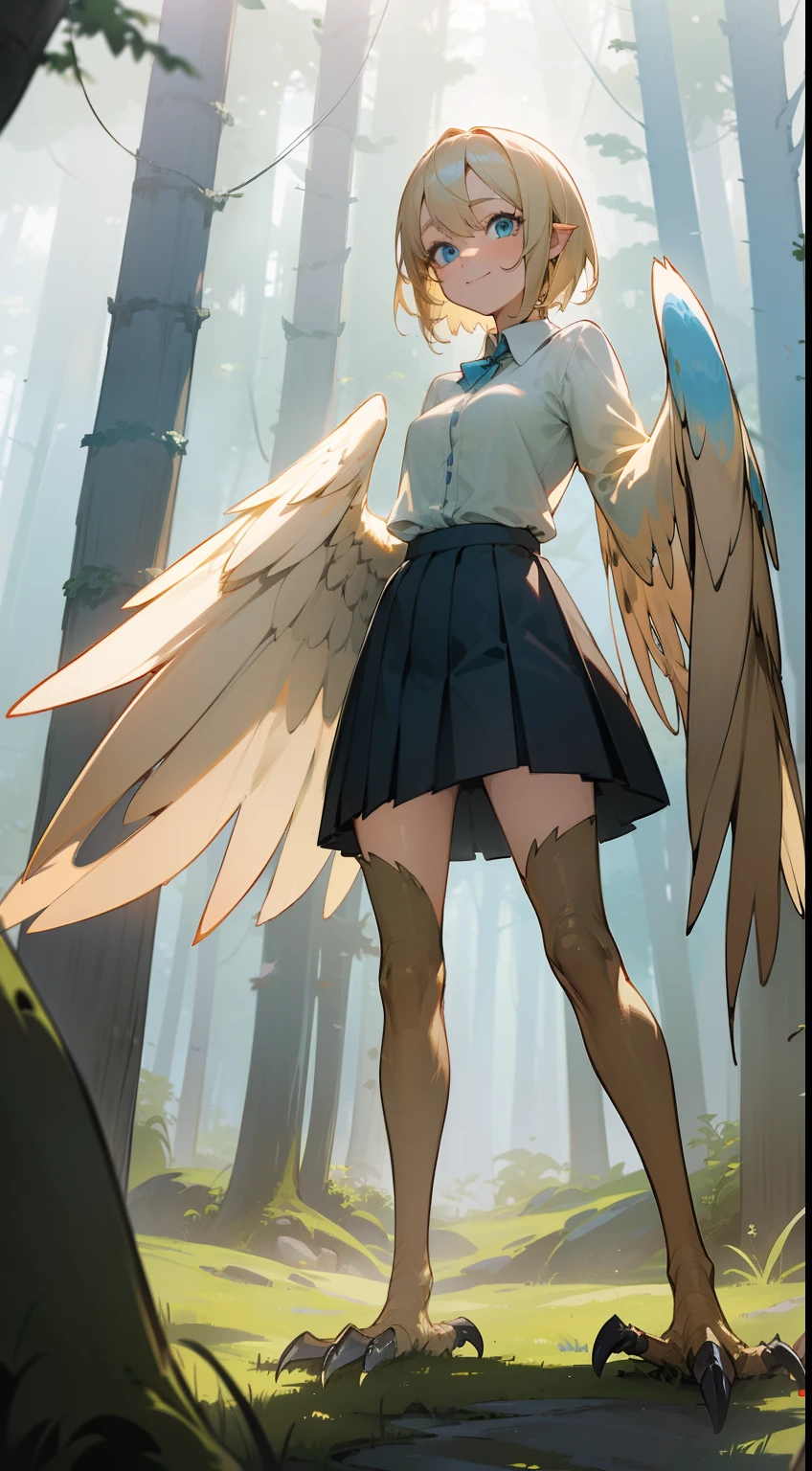 1girl,solo,happy face,shirt, skirt,medium tits,light blonde hair,short hair,blue eyes,harpy,light blonde wings,claws,no arms,(((standing in front of a forest)))
