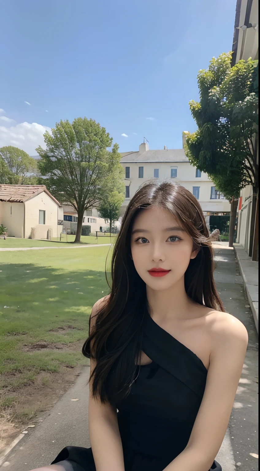 ((best qualtiy, 8K, tmasterpiece:1.3)), A pretty maiden,Pure,Melon seed face,gentle and cute,A sweet smile,Pure desire,Thin stature,(frontage),(Tilt your head),staring right into camera,uniform, Obi, formal,Black silky long, Straight hair,Long hair flowing over the shoulders,round black big eyes,Clear big eyes,Hydrated red lips,Sweet,Sit by the road,with blue sky and white clouds,Blue skies,grassy fields,Buildings,