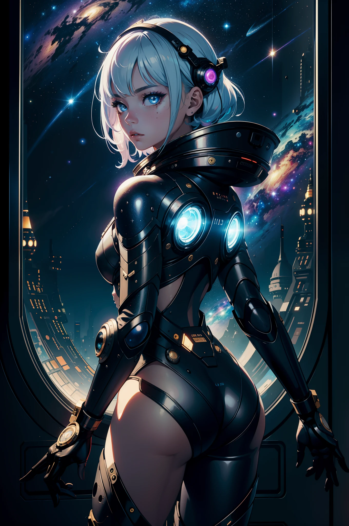 Space Girl,space suit, space, Masterpiece, Best quality, Technological, high - tech, Intricate, Detailed, absurderes, 1girll, Cute, Perfect face, space, window, Gorgeous, Stardust,cosmic, the wallpaper, Cinematic,comparing, Colorful, Perfect eyes, Sensual,magic, size, Stardust, Futuristic, back lit lighting, Epic, fantasy