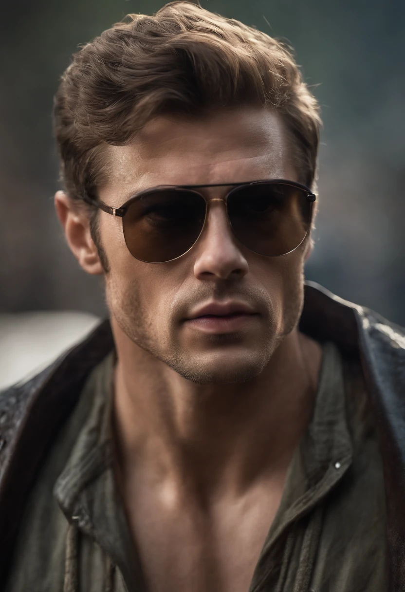 Realistic, Masterpiece, Best quality, Cinematic lighting, naturalshadow, Highest detail, Professional photography, Detailed background, Depth of field, insanely details, Intricate, Aesthetic, Detailed face, Subsurface scattering, photo-realistic hair, Realistic eyes, Muscular, Masculine, Big Pectoral Muscles, Shiny skin, Photo of a handsome man, There is stubble, Wear a seat belt, arm belt, Nightclub, Dancing, buzz cut,large muscle,Latex pants,Black sunglasses