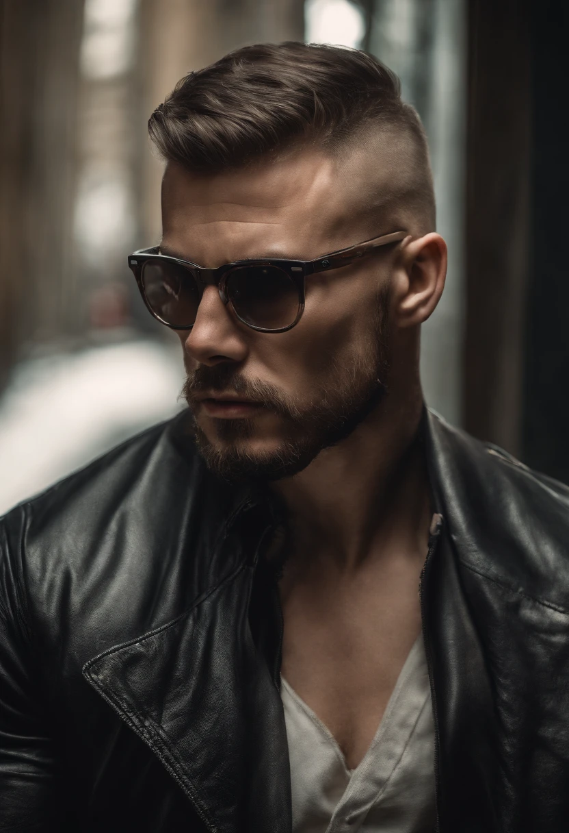 Realistic, Masterpiece, Best quality, Cinematic lighting, naturalshadow, Highest detail, Professional photography, Detailed background, Depth of field, insanely details, Intricate, Aesthetic, Detailed face, Subsurface scattering, photo-realistic hair, Realistic eyes, Muscular, Masculine, Big Pectoral Muscles, Shiny skin, Photo of a handsome man, There is stubble, Wear a seat belt, arm belt, Nightclub, Dancing, buzz cut,large muscle,Latex pants,Black sunglasses