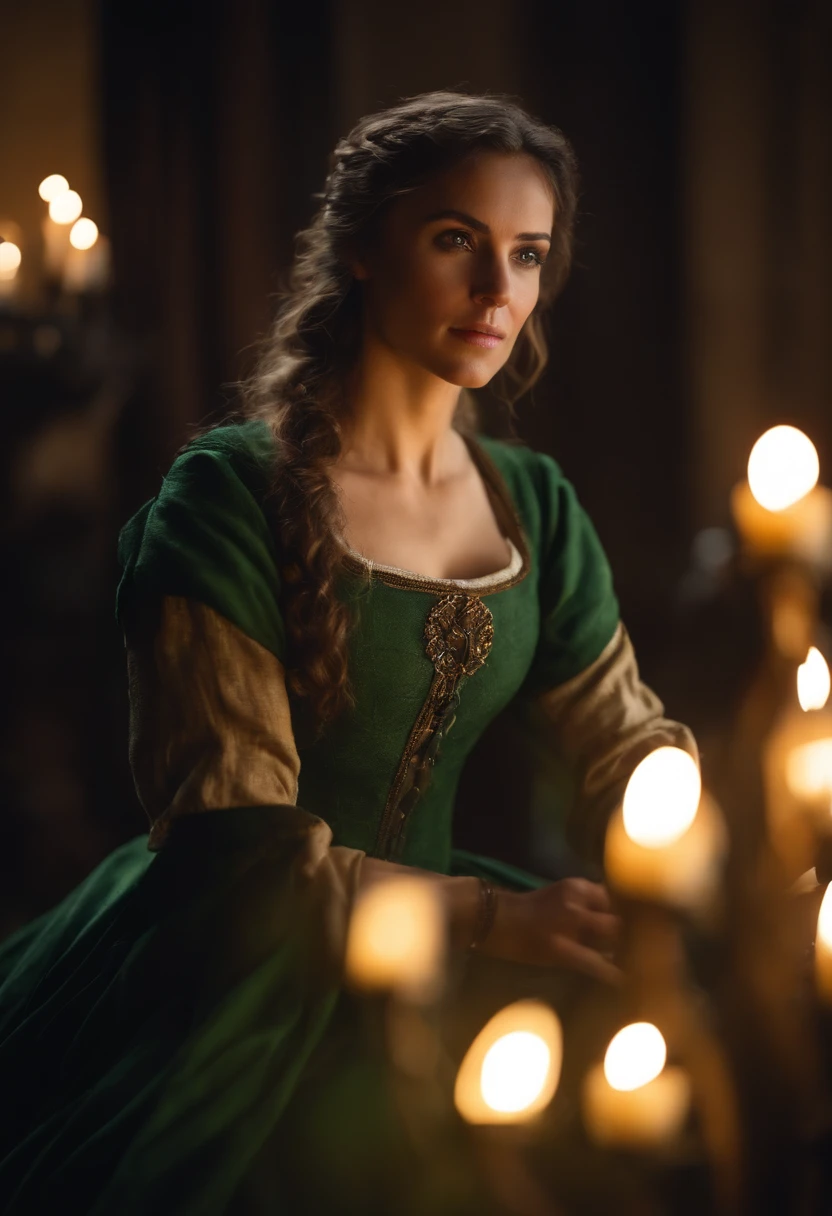 tez justa, mulher elfa em torno de 30 anos, corpo inteiro, cabelos pretos, olhos verdes distintos, vestindo armadura, Beautiful, luz de velas em um ambiente medieval, Ultra sharp focus, tiro realista, roupas femininas medievais, cores tetradicas
