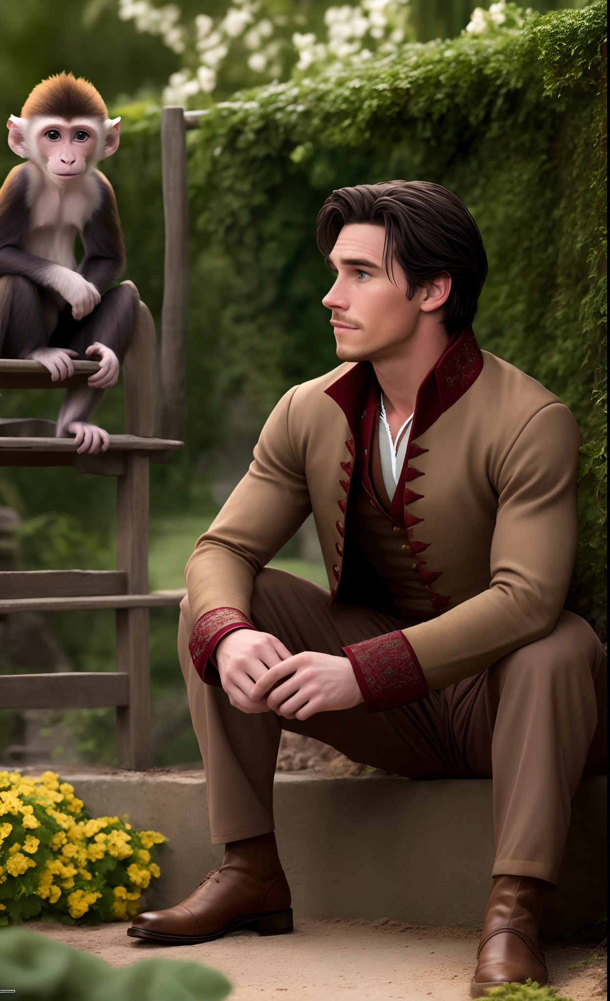 a boy (Derek Klena look-alike, wearing clothes like the character Flynn Rider, old-fashioned prince clothes, old clothes, dirty clothes) and a capuchin monkey sitting on the ground in a garden playing, funny image, funny prank, monkey, realistic, cinematic lighting , Derek Klena look-alike boy, high quality image, opening shot, hd wallpaper, promotional image, trending photo, promotional image. Flynn Rider