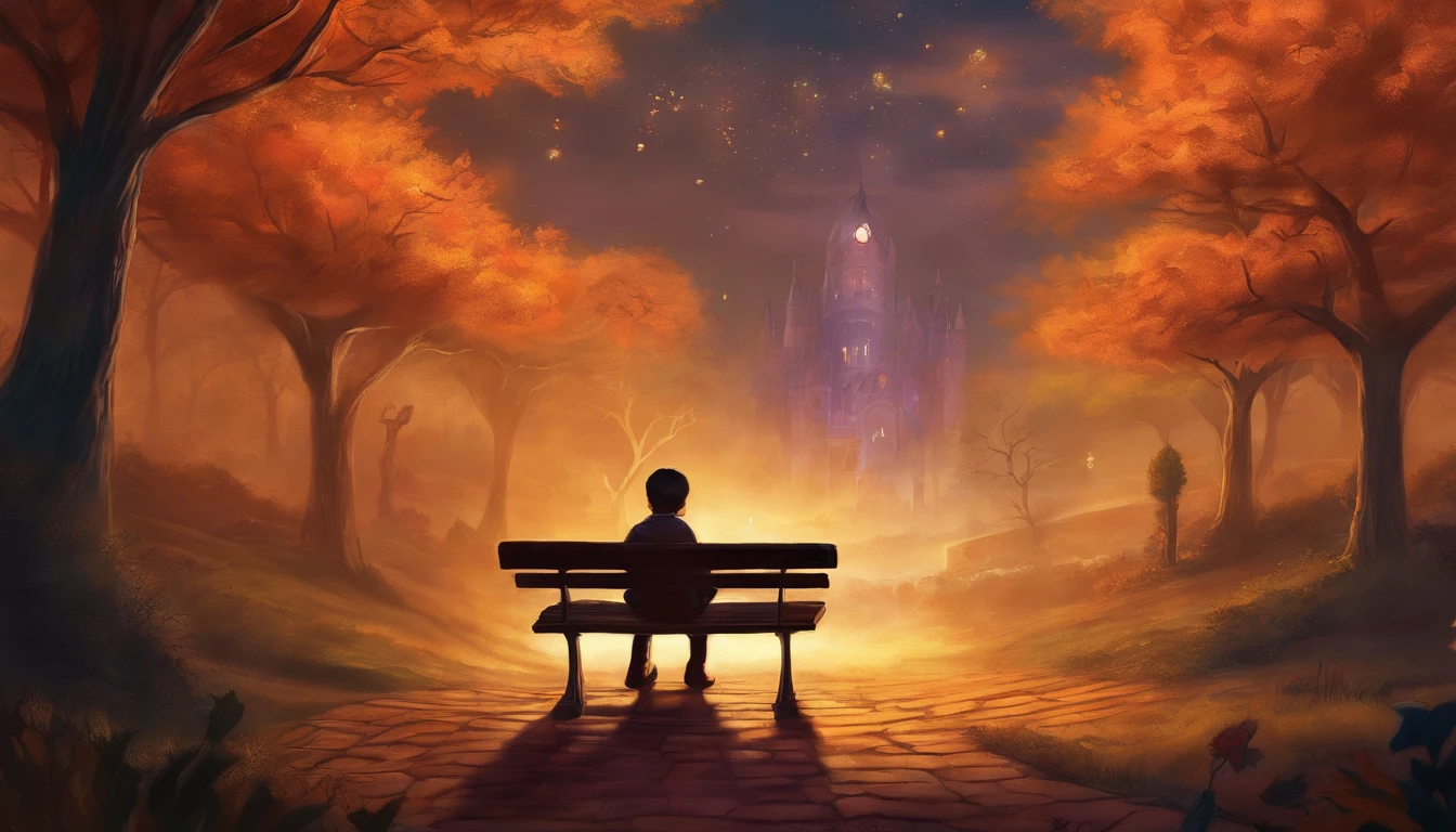 high details, best quality, 8k, [ultra detailed], Masterpiece, best quality, (extremely detailed), Dynamic angle, 6 years old beautiful child sitting on a bench reading a book,(magic book) English park at night, 19th century English lamppost light, Nightmare illustration, An eerie fantasy illustration, Fantasy book illustration, Lovecraft illustration, inspired by H.P. Lovecraft, Storybook illustration, Nightmare in the park, Inspired by Lovecraft, Dark fantasy illustration, Lovecraft art, Storybook illustration, Storybook illustration, Tentacled monster, Realistic fantasy illustration