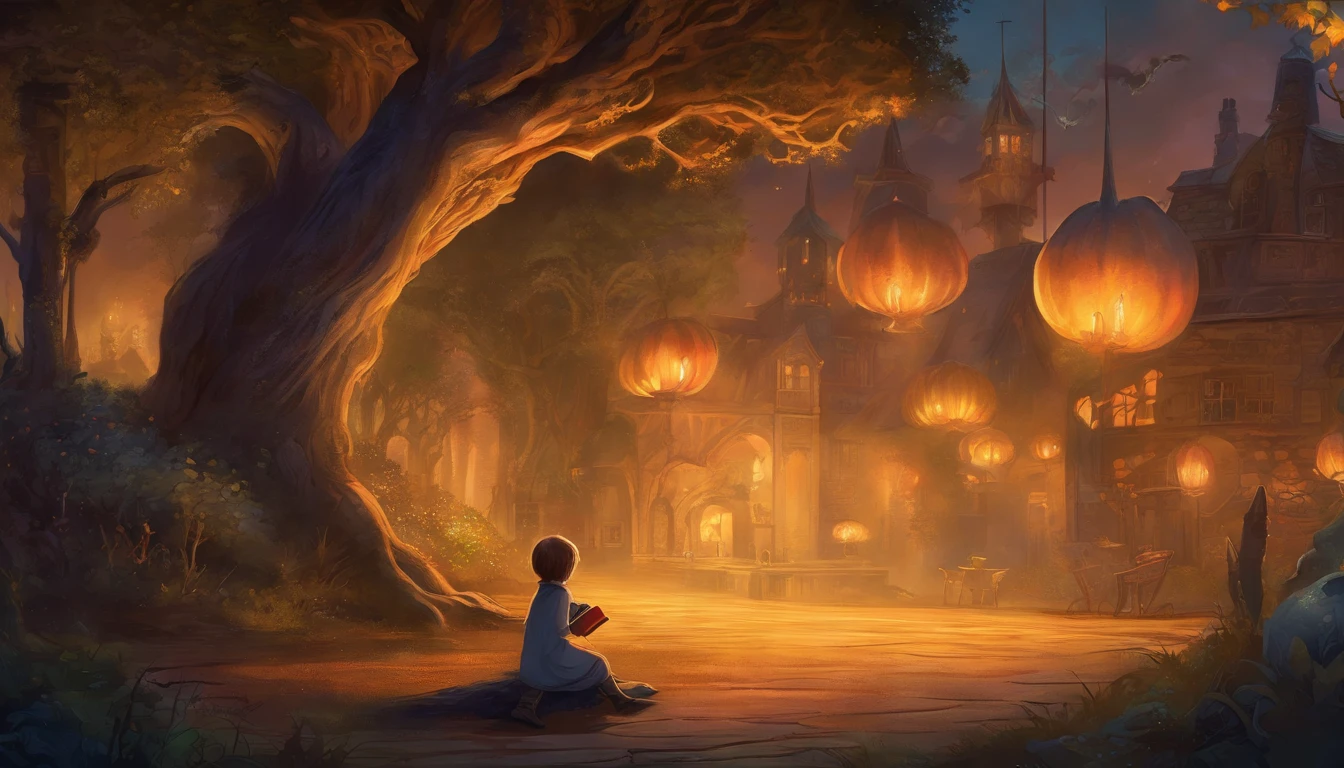 high details, best quality, 8k, [ultra detailed], Masterpiece, best quality, (extremely detailed), Dynamic angle, 6 years old beautiful child sitting on a bench reading a book,(magic book) English park at night, 19th century English lamppost light, Nightmare illustration, An eerie fantasy illustration, Fantasy book illustration, Lovecraft illustration, inspired by H.P. Lovecraft, Storybook illustration, Nightmare in the park, Inspired by Lovecraft, Dark fantasy illustration, Lovecraft art, Storybook illustration, Storybook illustration, Tentacled monster, Realistic fantasy illustration