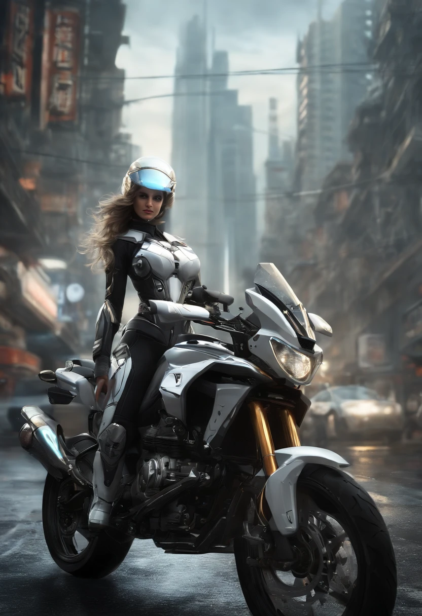 Highest image quality, outstanding details, ultra-high resolution, (realism: 1.4), the best illustration, favor details, highly condensed 1girl, with a delicate and beautiful face, dressed in a black and white mecha, wearing a mecha helmet, holding a directional controller, riding on a motorcycle, the background is a high-tech lighting scene of the future city. surreal illustration, surreal rendering, clean digital rendering, photo realistic rendering, surreal illustration