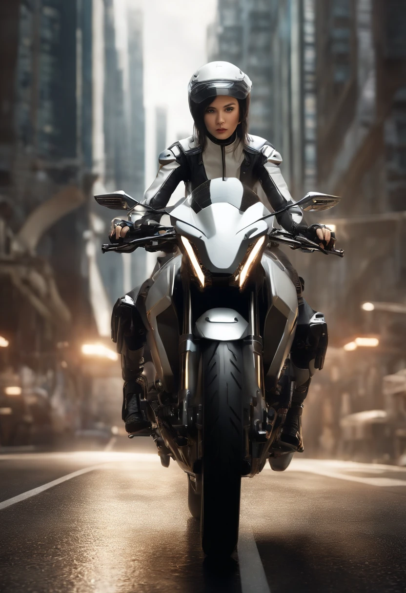 Highest image quality, outstanding details, ultra-high resolution, (realism: 1.4), the best illustration, favor details, highly condensed 1girl, with a delicate and beautiful face, dressed in a black and white mecha, wearing a mecha helmet, holding a directional controller, riding on a motorcycle, the background is a high-tech lighting scene of the future city. surreal illustration, surreal rendering, clean digital rendering, photo realistic rendering, surreal illustration