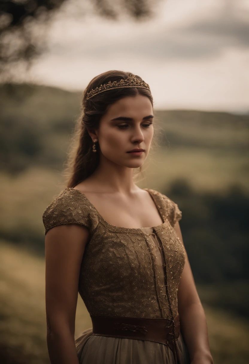Mulher, 19 anos, loira, vestido medieval, decote.