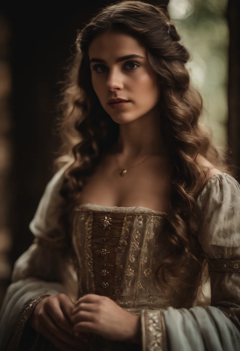 Mulher, 19 anos, loira, vestido medieval, decote.