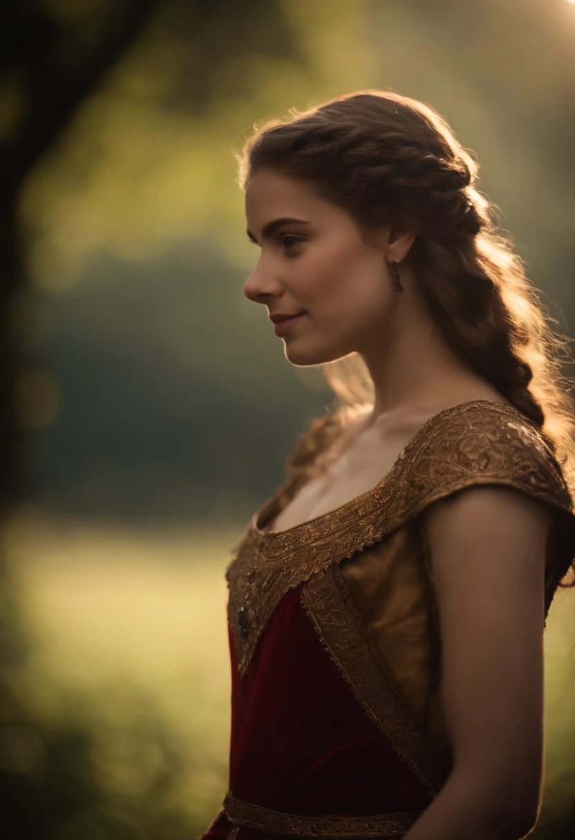 Mulher, 19 anos, loira, vestido medieval, decote.