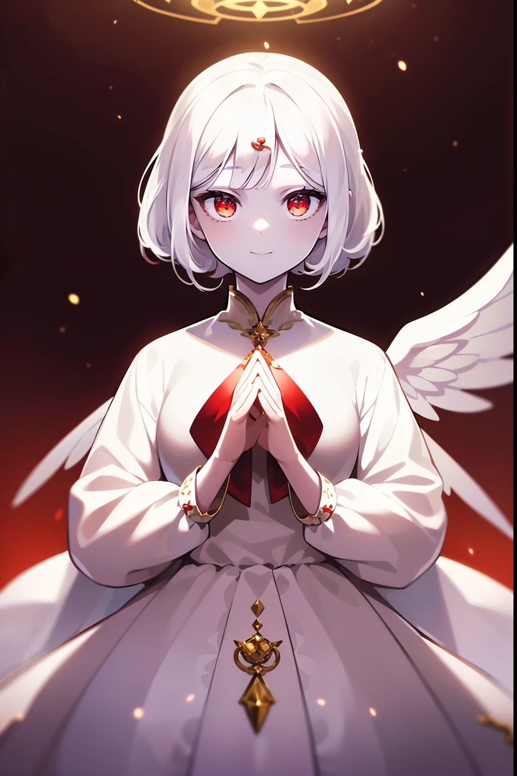 1girl, (HD). short white hair, (Gold hairpins on the head), ((Bright Snow White Skin)), ((angel)), Lush wings, protruding hair, A large red circle overhead, red-eyes, She is dressed in white clothes with gold patterns, Snide smile, holds a red diamond in his hands