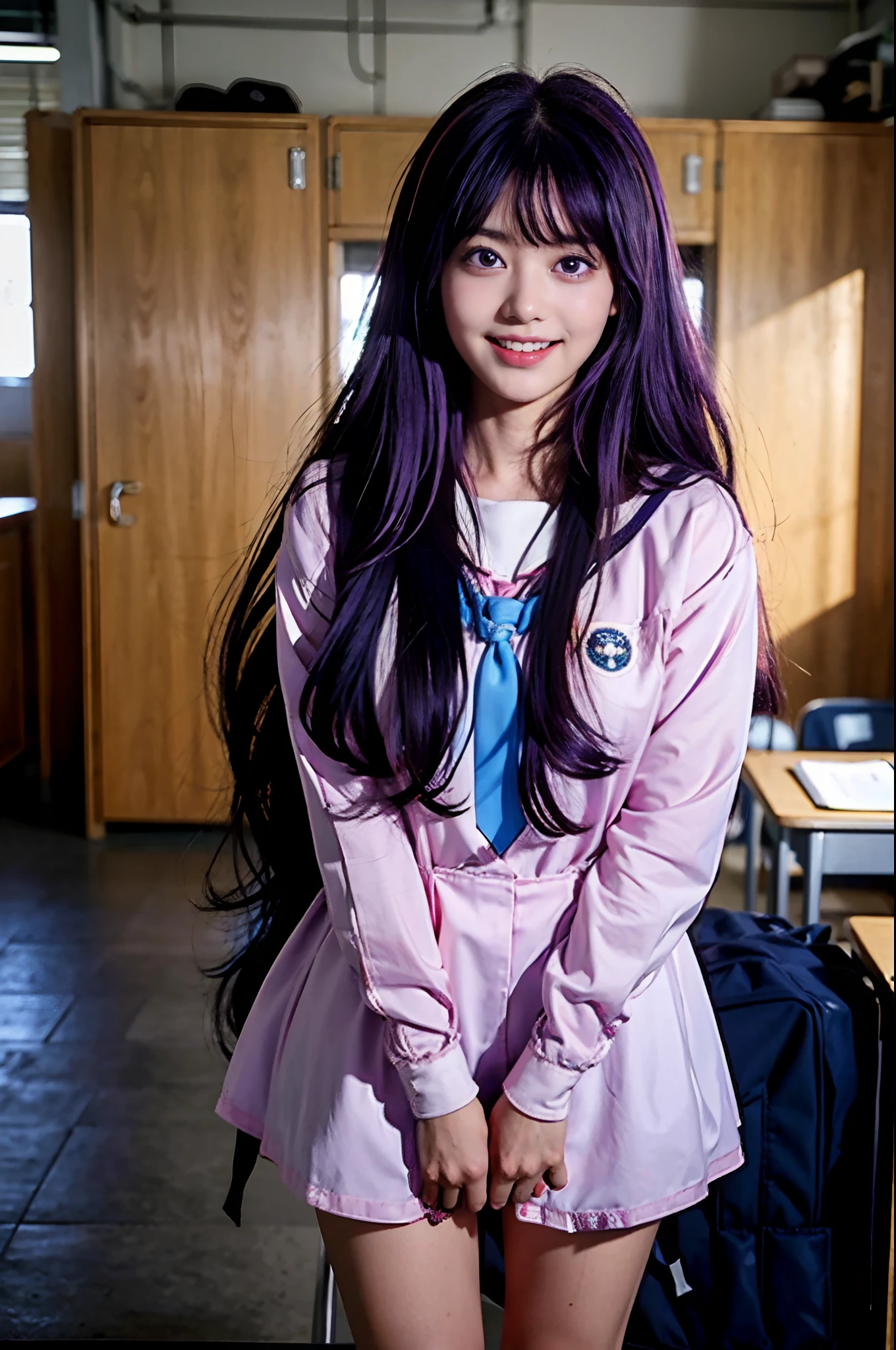 masterpiece, best quality, (1 girl,), six-point stars in the eyes, (Ai Hoshino), purple hair, happy, hair accessories,((high quality)), at school, school sailor anime uniform, wearing backpack, sunny, happy expression, smiling, long hair, hair down, slim body, standing by lockers