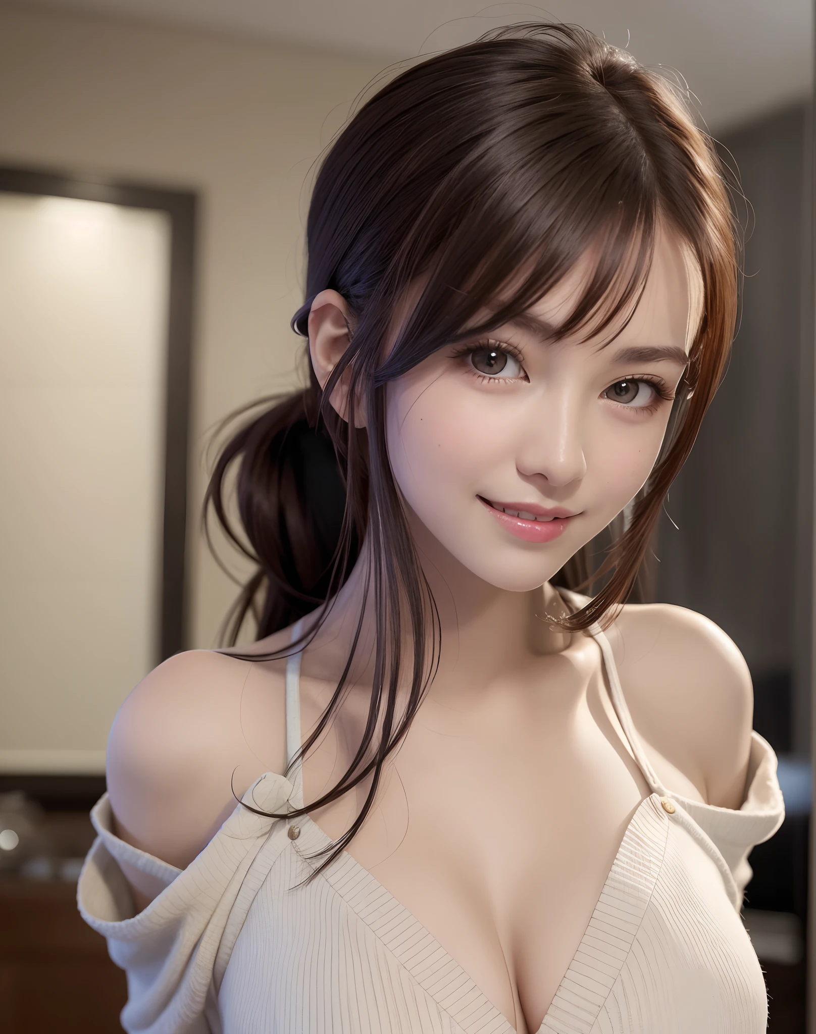 (Best Quality), (masutepiece), (High resolution), (Intricate details:0.2),(Professional Lighting), dressing gown, Detailed background,off shoulders, (Previous view), 1girl in, Solo, (Beautiful face), Slim body, Fine skin, Smile, brown hair in a ponytail, Beautiful eyes, look at at viewer,