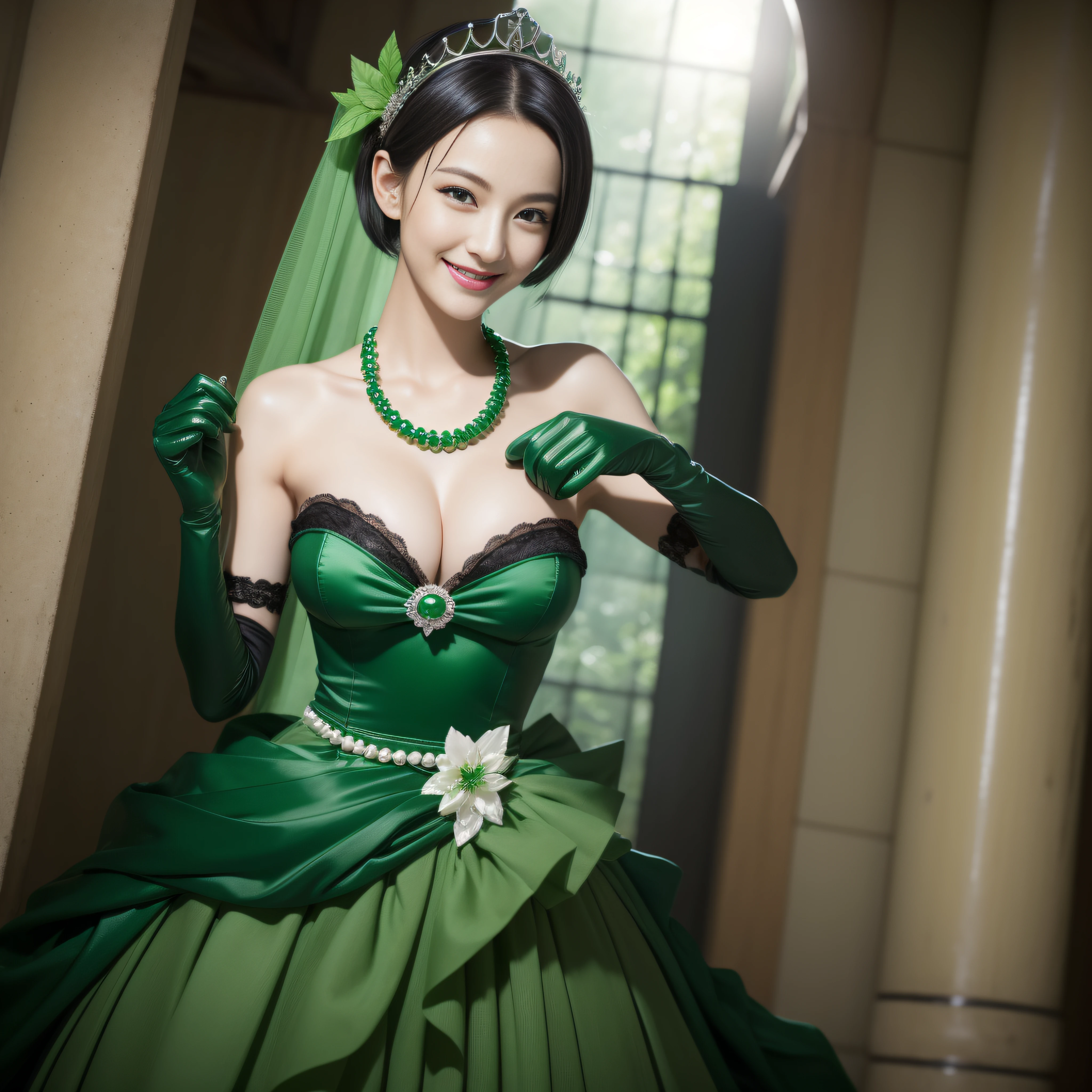 Boyish very short black hair, lipsticks, Japan woman smiling, Green Long Grove,　Emerald Tia boyish very short black hair, lipsticks, Japan woman smiling, Satin green long gloves,　emerald tiara, Green Pearl Necklace, verd s eyes, Green eyes, Long green gloves made of satin material, big breasts beautiful