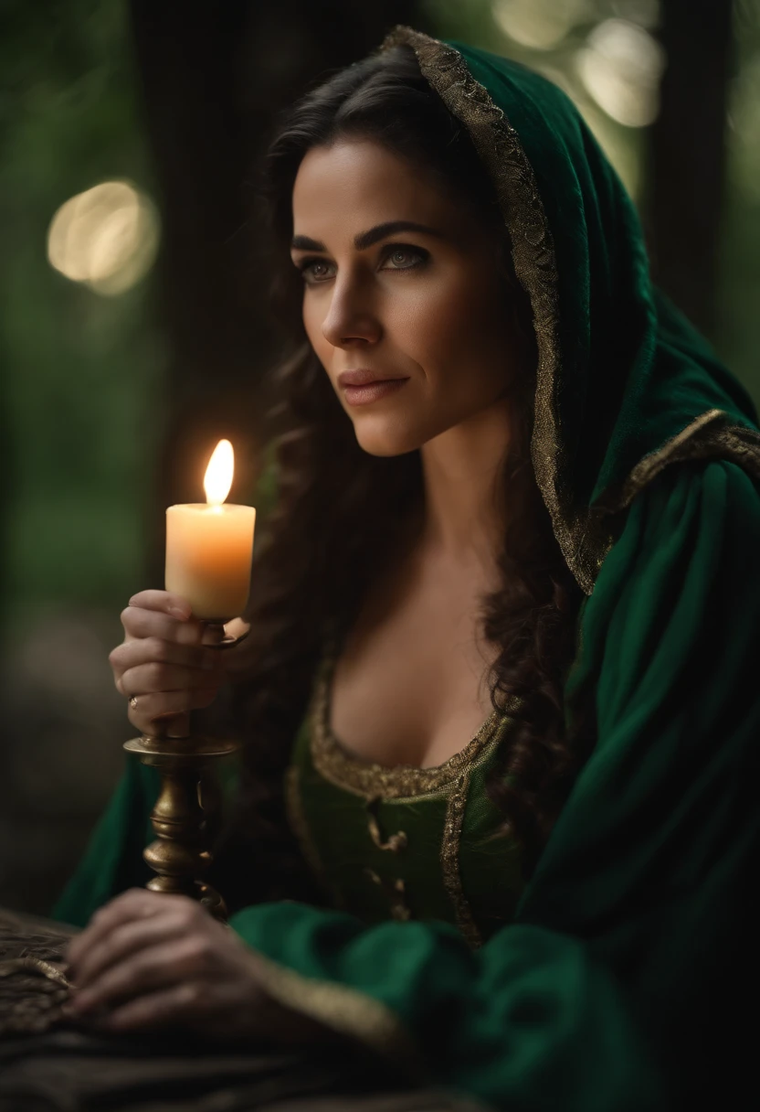 tez justa, mulher elfa em torno de 30 anos, corpo inteiro, cabelos pretos, olhos verdes distintos, vestindo armadura, Beautiful, luz de velas em um ambiente medieval, Ultra sharp focus, tiro realista, cores tetradicas, peitos grandes, decote profundo